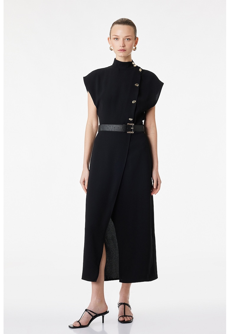 Rochie midi cu croiala petrecuta si curea in talie - Negru