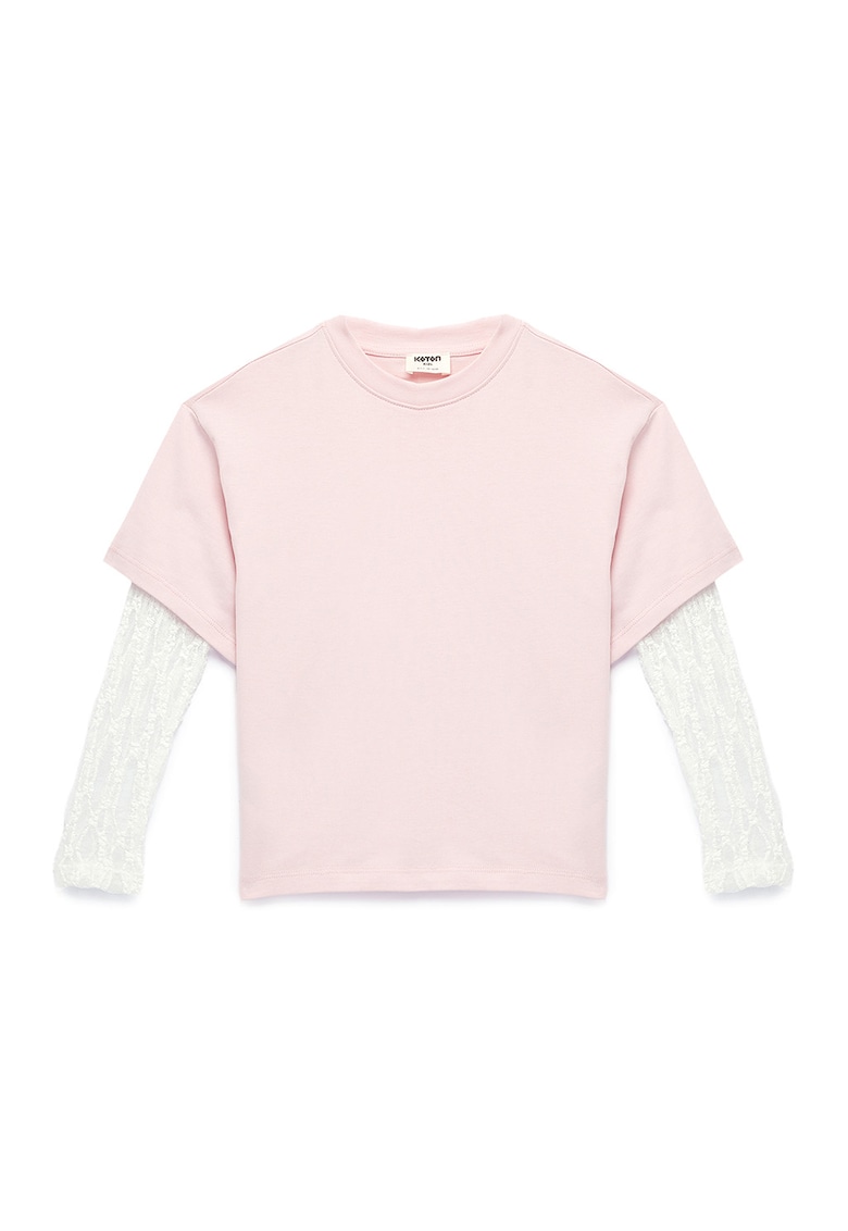 Bluza cu model 2in1 si maneci din dantela - Roz deschis