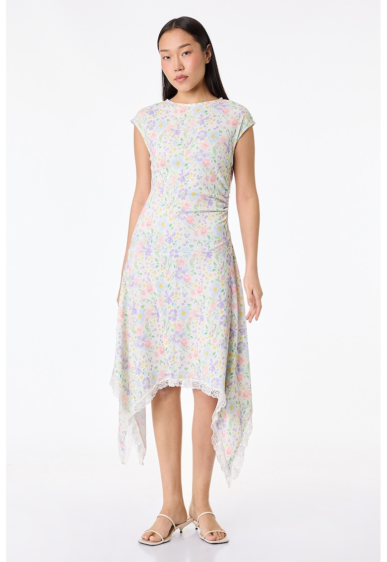 Rochie midi asimetrica cu model floral - Crem