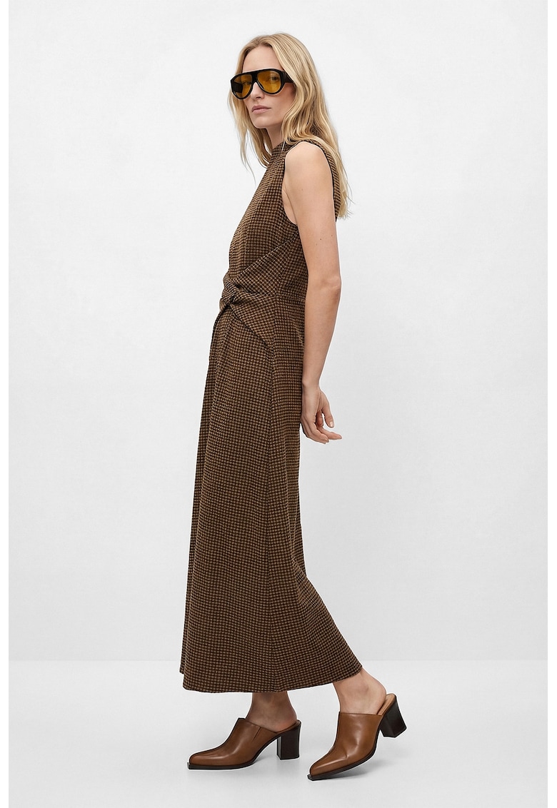 Rochie cu fronseu si model in carouri - Maro/Galben mustar