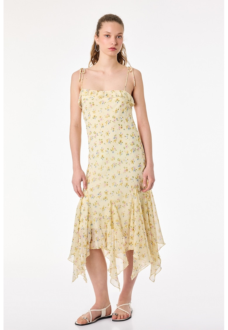 Rochie midi cu model floral si volane - Alb/Verde/Lila