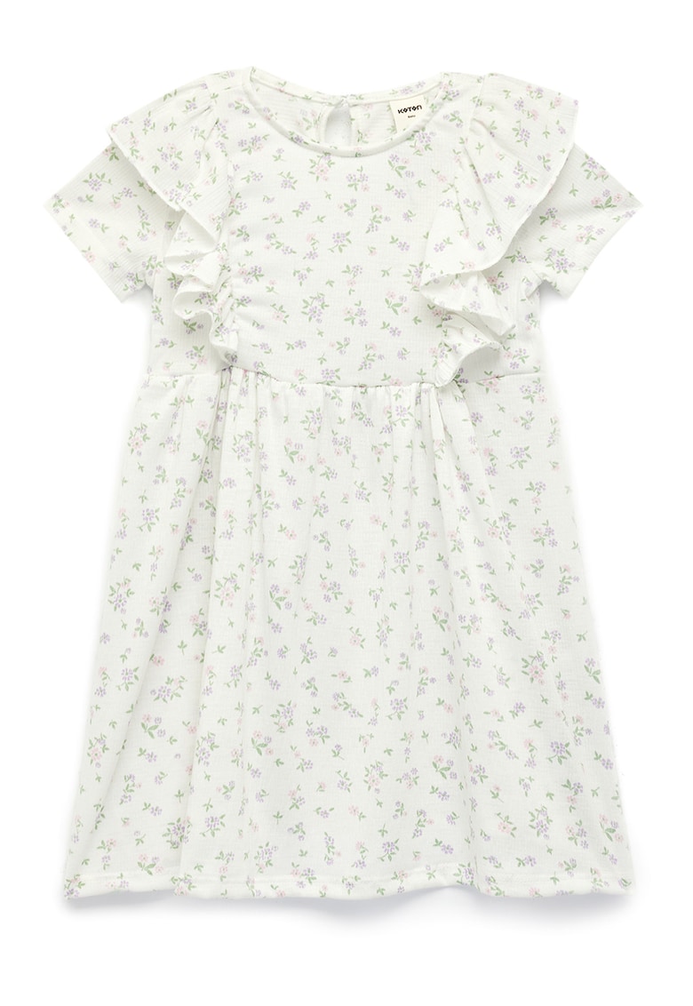 Rochie cu model floral si volane - Alb murdar