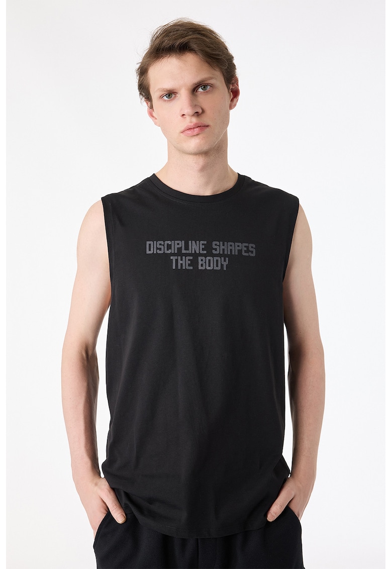 Top din bumbac cu imprimeu text - Negru