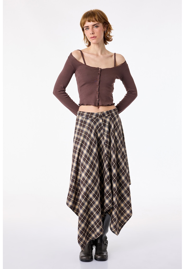 Bluza din amestec de modal cu decolteu pe umari - Maro