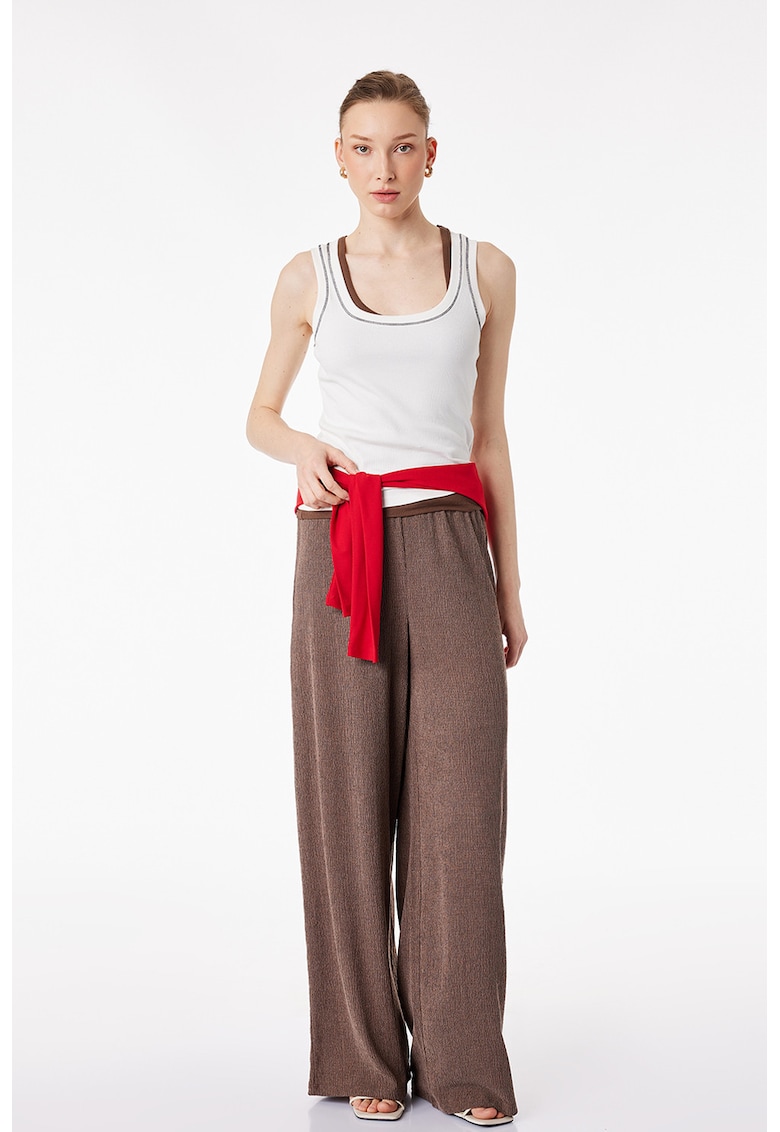 Pantaloni texturati cu snur de ajustare si croiala ampla - Maro deschis