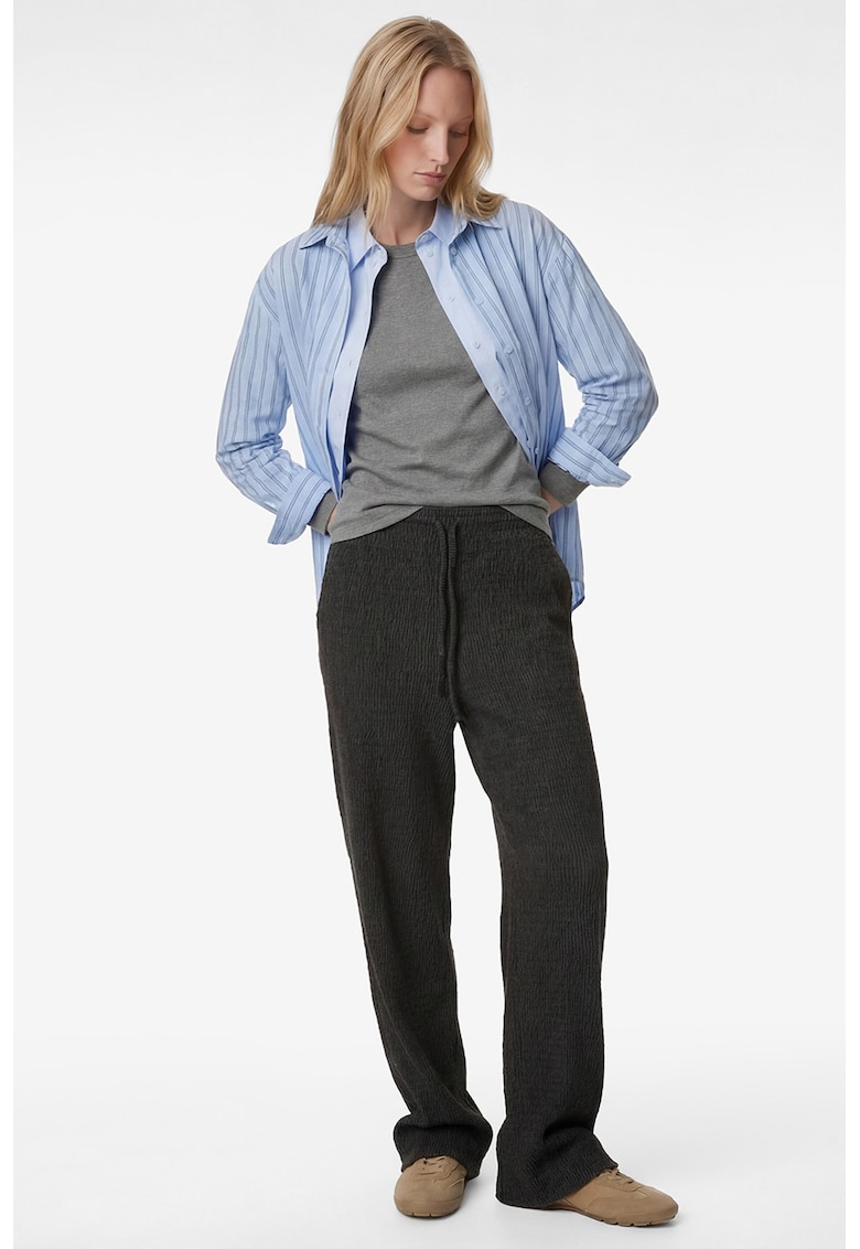 Pantaloni texturati cu croiala dreapta si snur de ajustare - Gri antracit