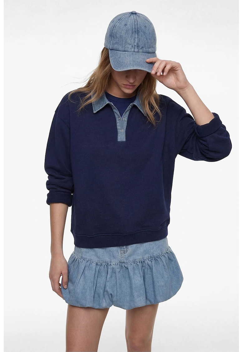 Bluza de trening lejera cu guler polo - Bleumarin