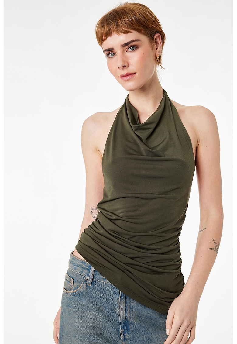 Top drapat cu decolteu halter - Kaki