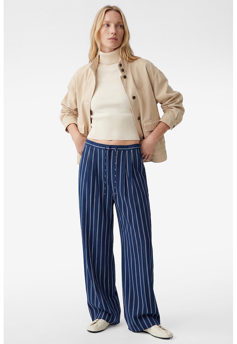Pantaloni cu croiala ampla - model in dungi si snur de ajustare - Albastru indigo