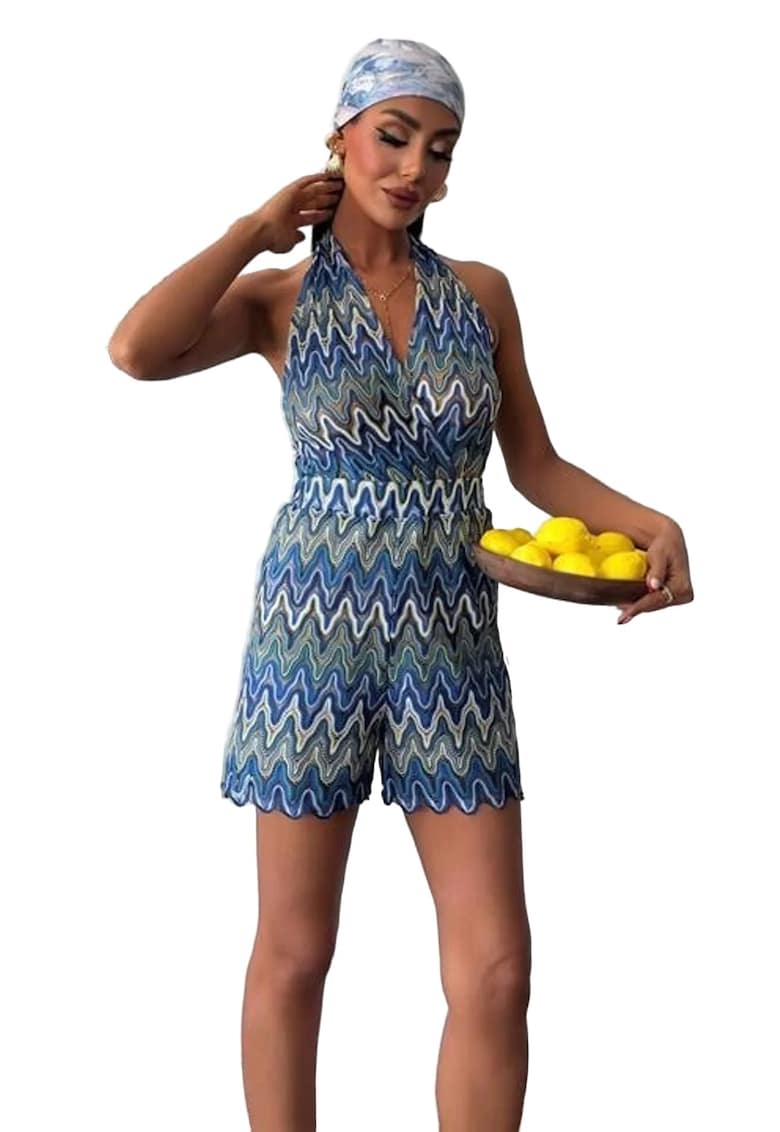 Salopeta dama - imprimeu geometric - Albastru - 85% bumbac -