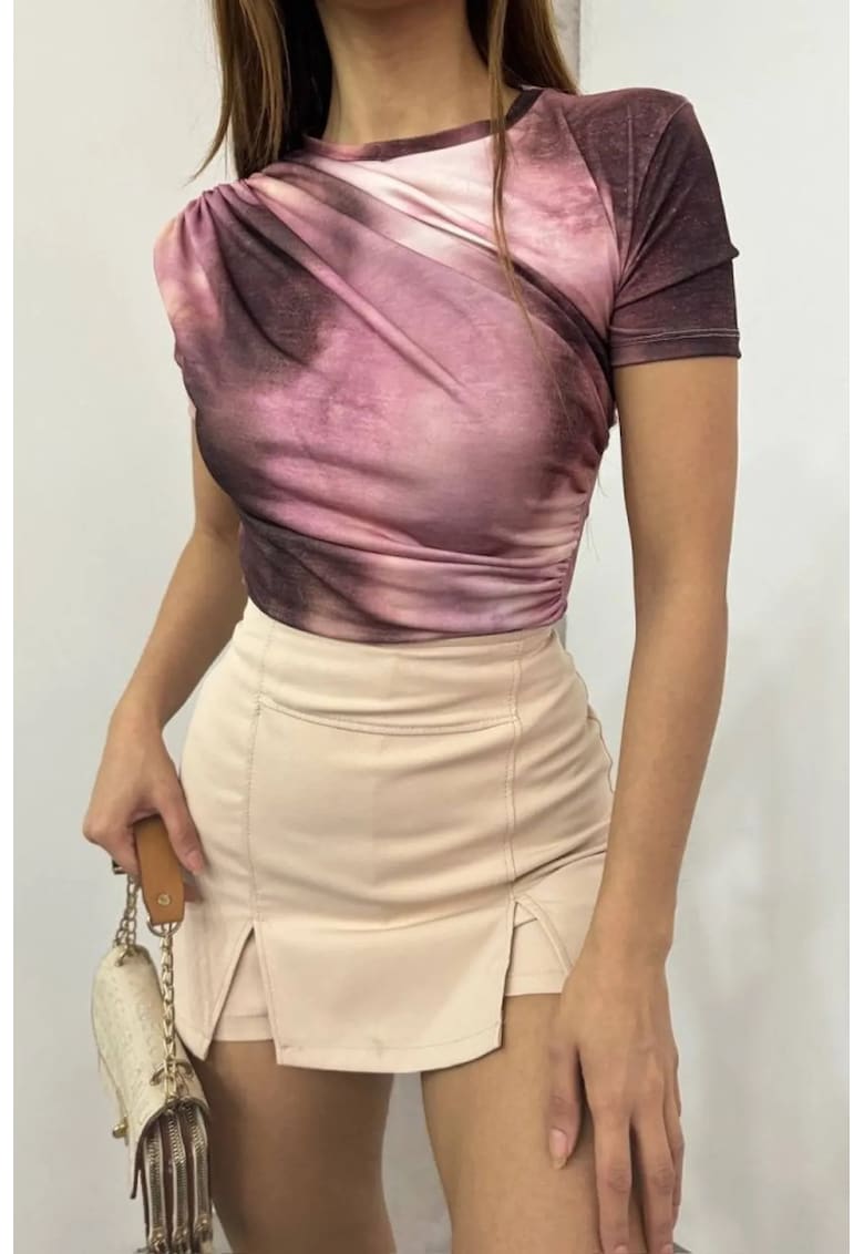 Bluza dama - scurta - imprimeu tie-dye - roz - bumbac -