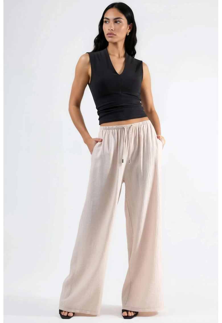 Pantaloni dama - talie cu snur bej natural - 100% poliester -