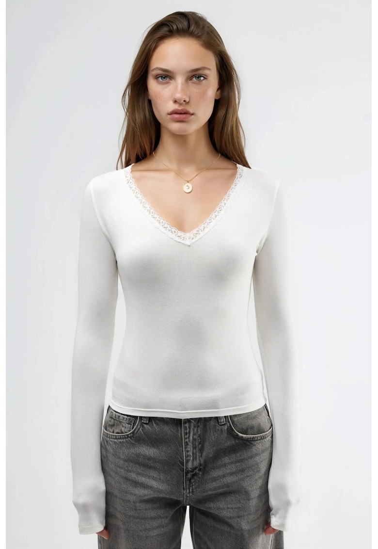 Bluza dama decolteu in V - maneca lunga - alb - jerseu