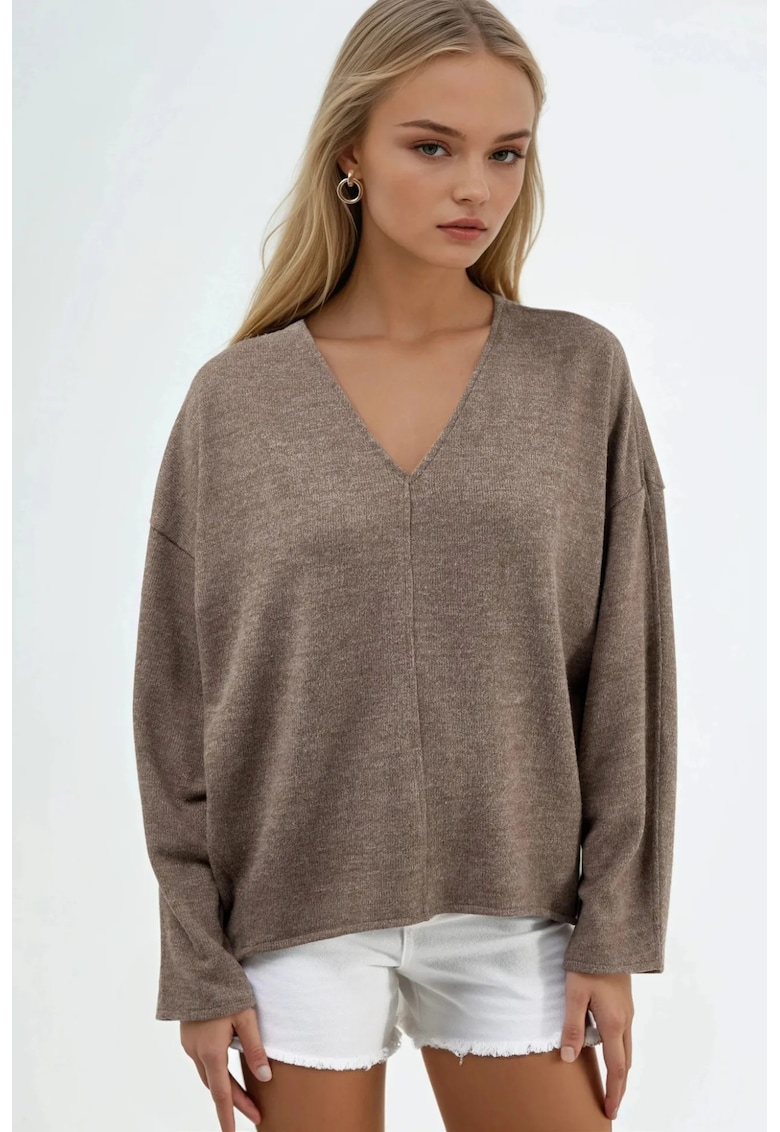 Bluza dama - Maro deschis - Decolteu in V - Jerseu