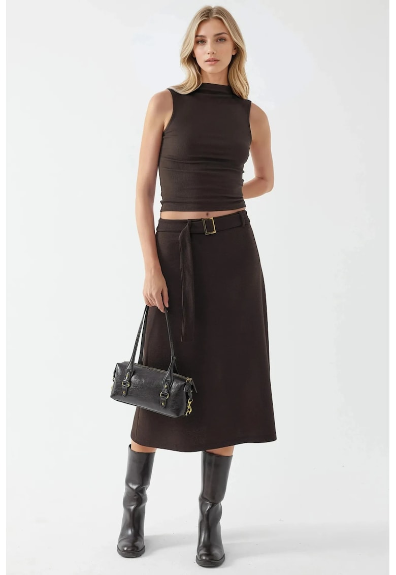 Fusta midi talie inalta - detaliu arcuit - maro - poliester-elastan