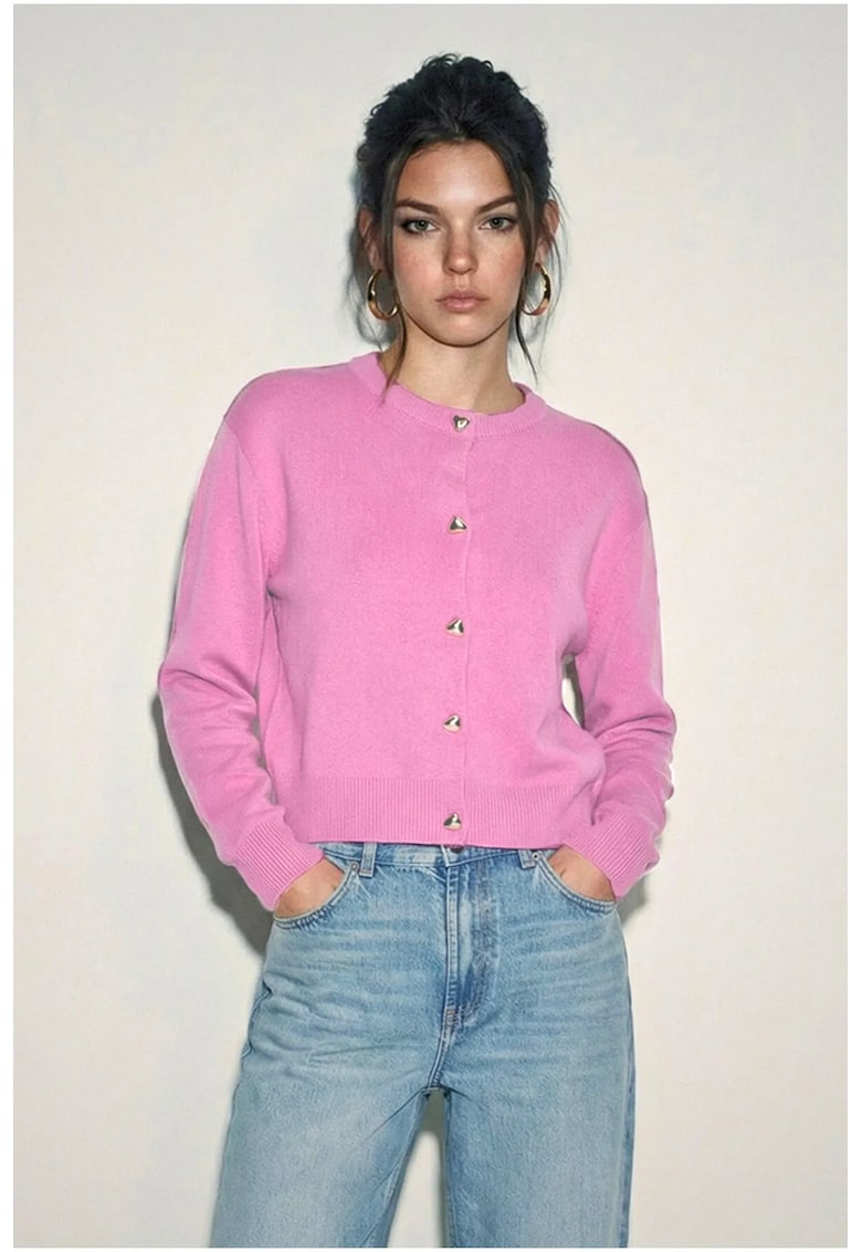 Cardigan dama - tricot - roz aprins - amestec acril-lana - One Size