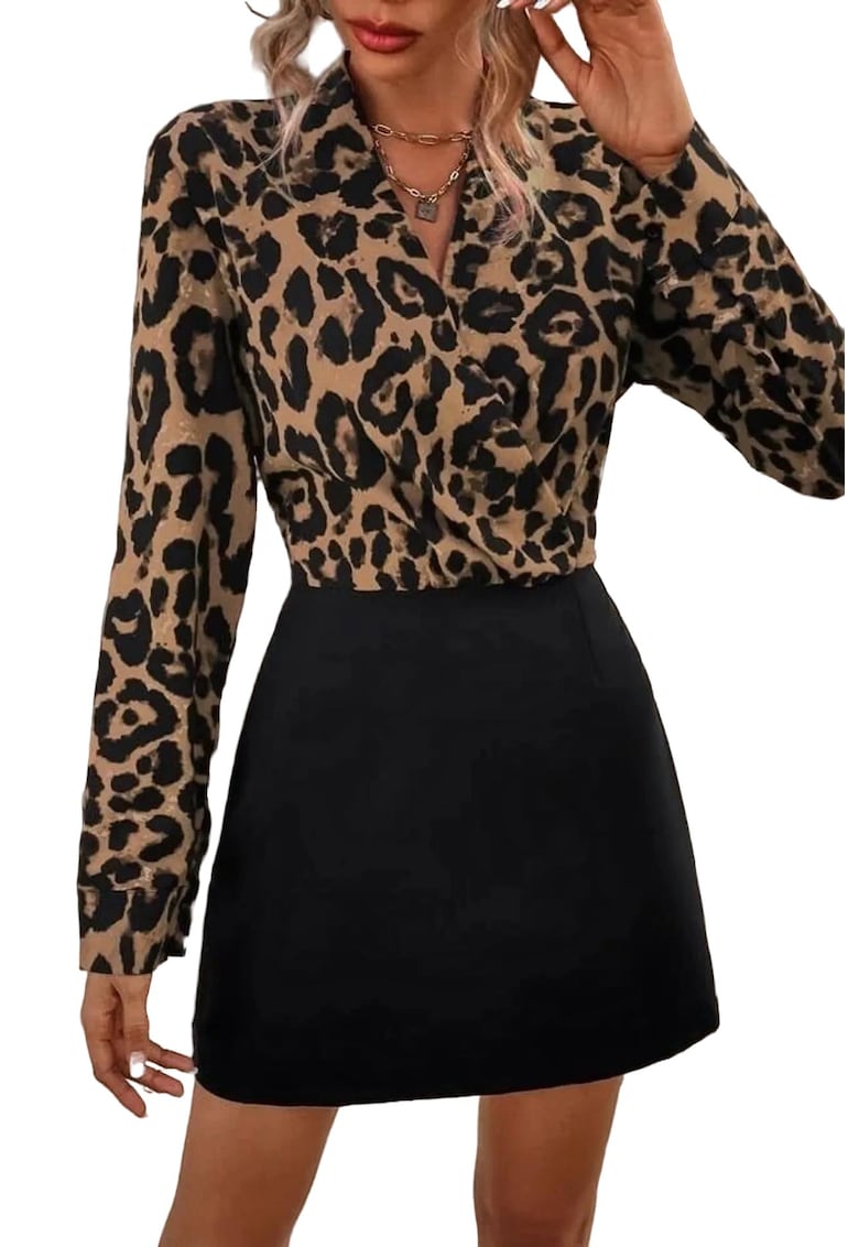 Rochie midi cu imprimeu leopard - decolteu in V - maneci lungi - neagra