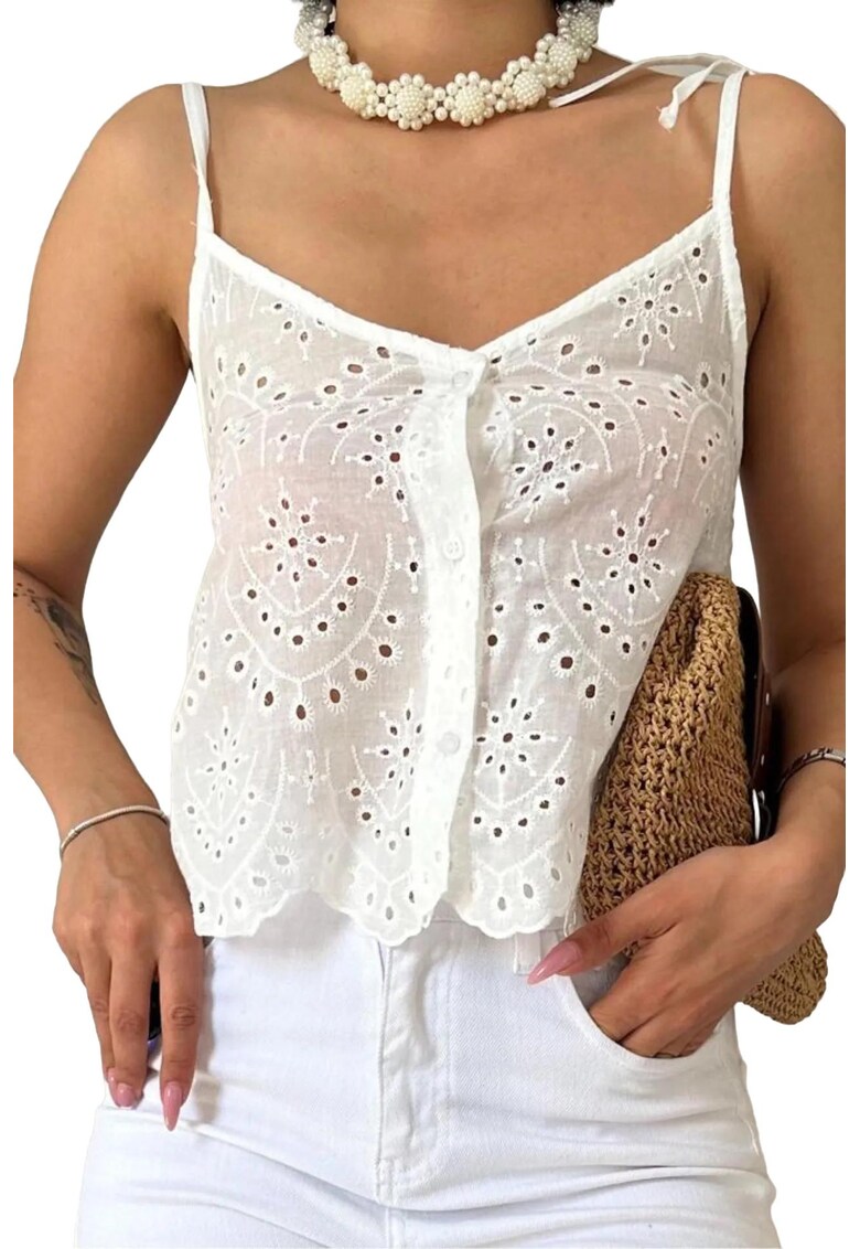 Maiou dama - Textil - Alb - Decolteu in V