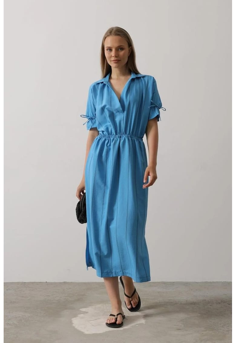Rochie midi cu dungi - guler tip camasa - albastru - 85% bumbac