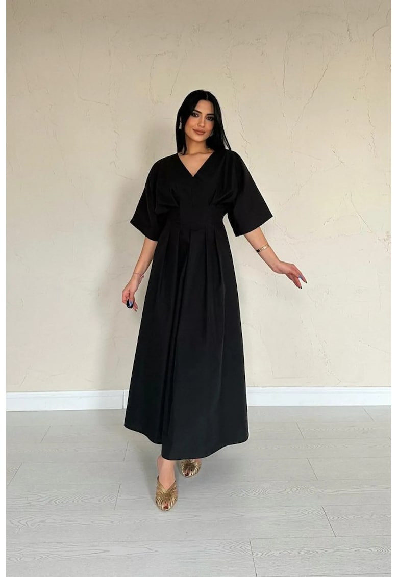 Rochie Maxi decolteu in V - neagra - bumbac-poliester-elastan