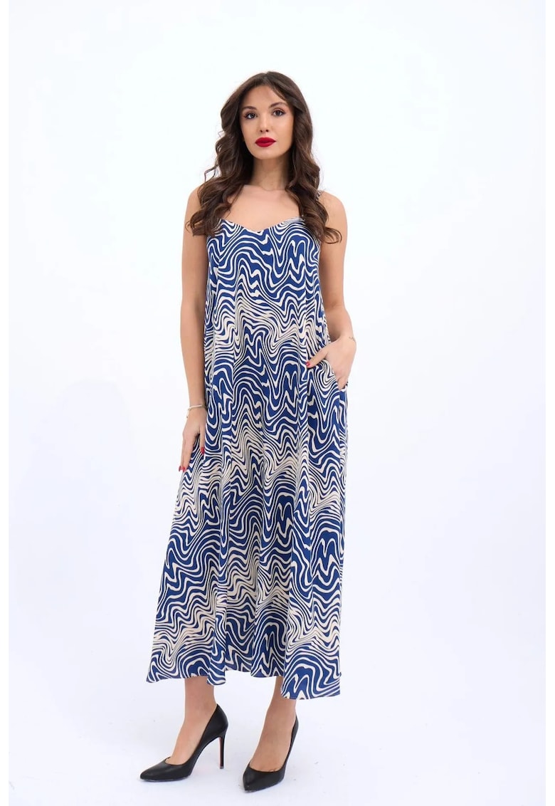 Rochie midi - decolteu in V - bumbac - alb - albastru