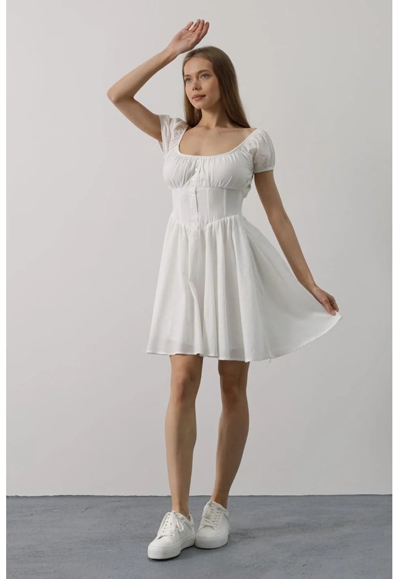 Rochie Midi A-Line guler patrat - detalii cu nasturi - Alb - bumbac-elastan-poliester -