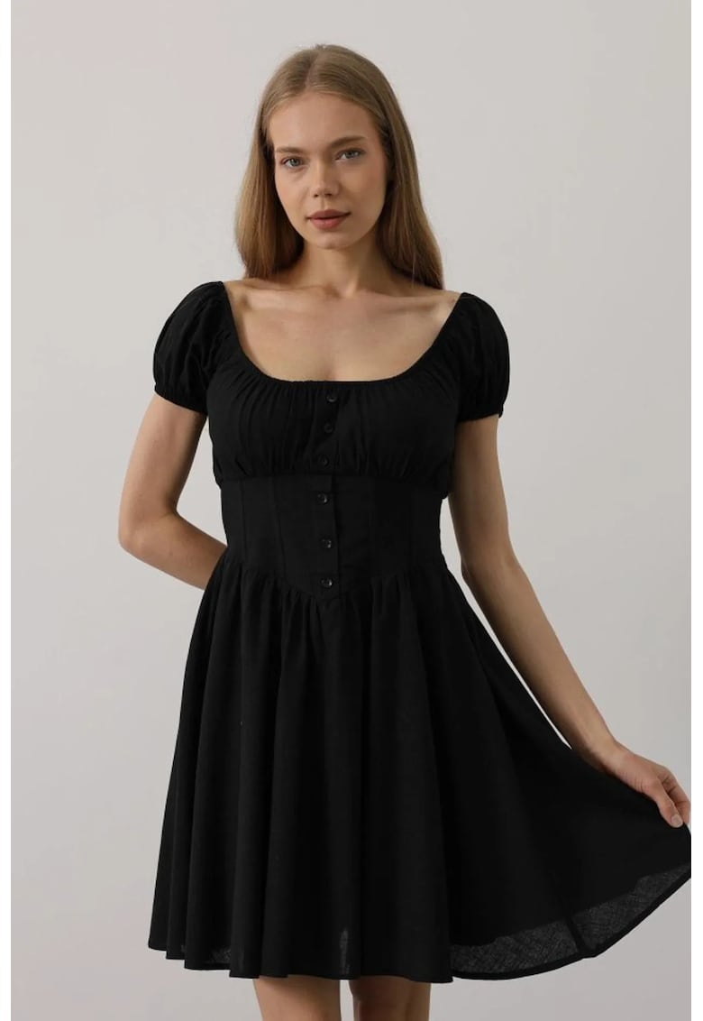 Rochie Midi A-Line cu guler patrat - detalii nasturi - Negru - bumbac - poliester - elastan