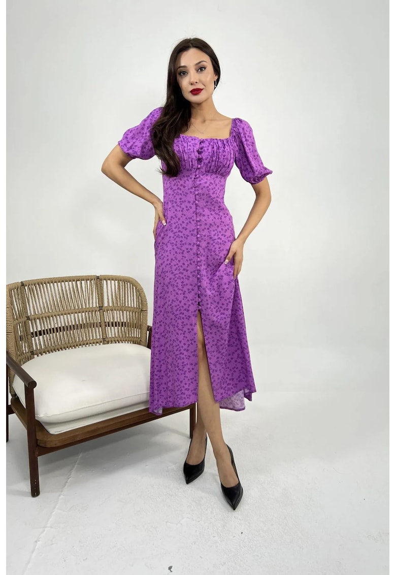 Rochie Midi - imprimeu - guler patrat - mov - bumbac si poliester