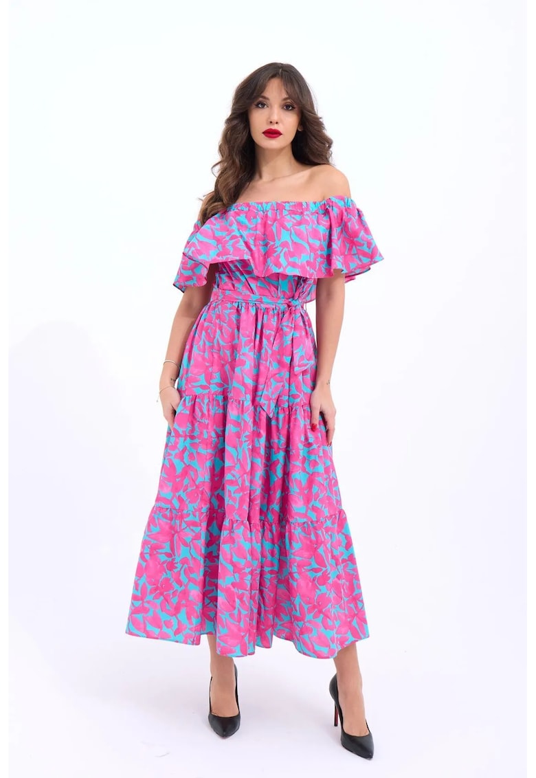 Rochie midi volane - roz - albastru - bumbac