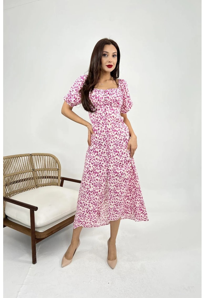 Rochie Midi - imprimeu - guler patrat - bumbac-poliester-elastan -