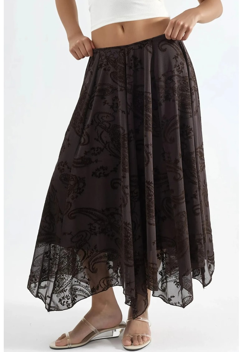 Fusta lunga asimetrica - imprimeu Paisley - maro - textil