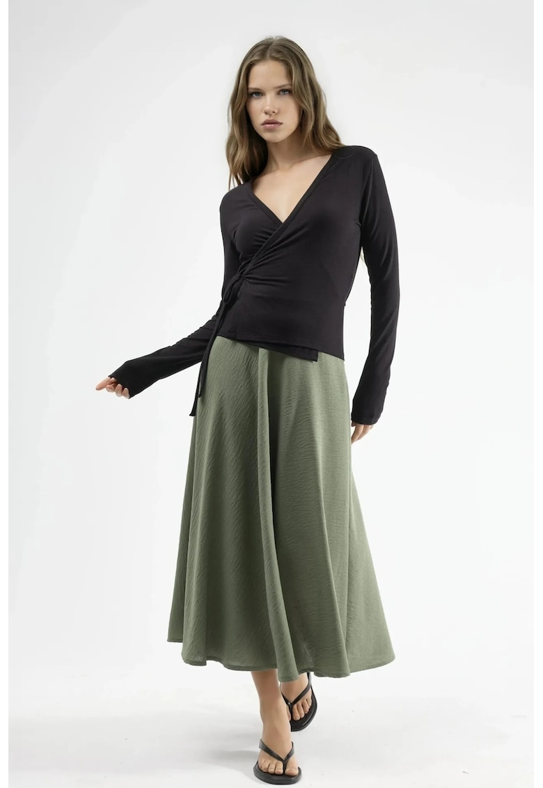 Fusta maxi talie inalta - texturata - verde kaki - 100% poliester