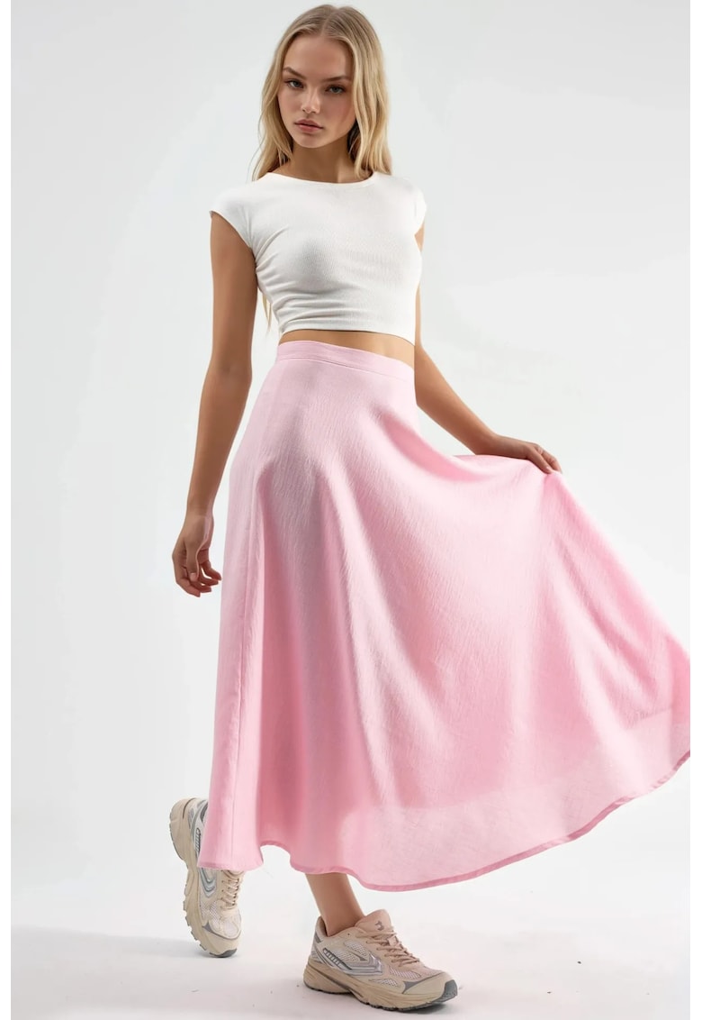 Fusta maxi talie inalta - texturata - roz pudra - 100% poliester