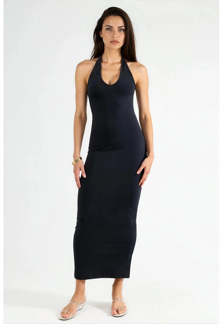 Rochie Midi cu decolteu tip halter - Negru - Jerseu