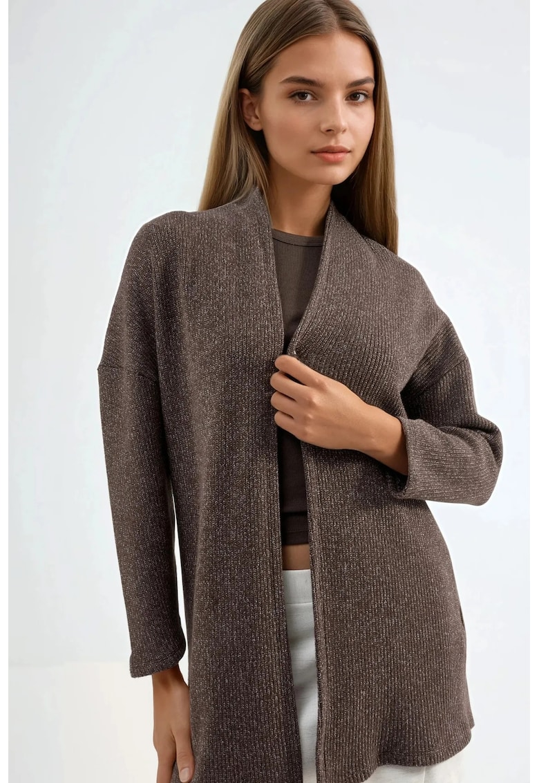Cardigan lung tricotat guler deschis - maro mocha - bumbac si poliester