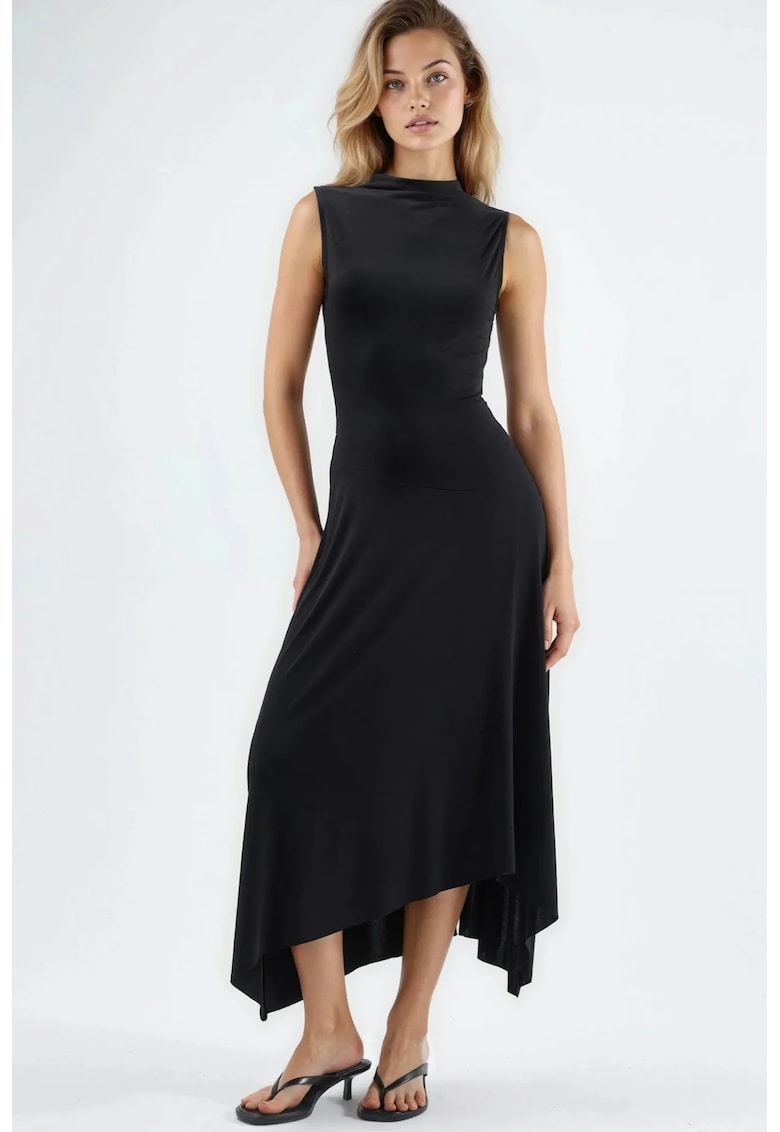 Rochie Midi Asimetrica Neagra - Poliester