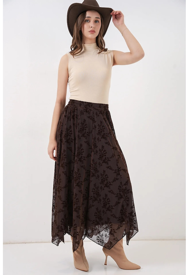 Fusta maxi talie inalta - imprimeu floral - maro - textil