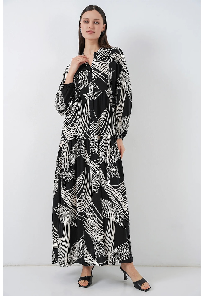 Rochie maxi imprimeu - decolteu in V - negru - textil