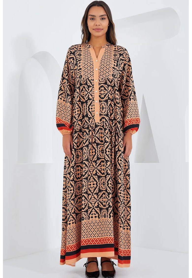 Rochie maxi - decolteu in V - maro - textil
