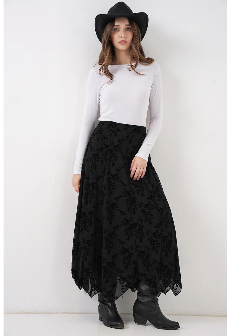 Fusta maxi talie inalta - imprimeu floral - negru - textil