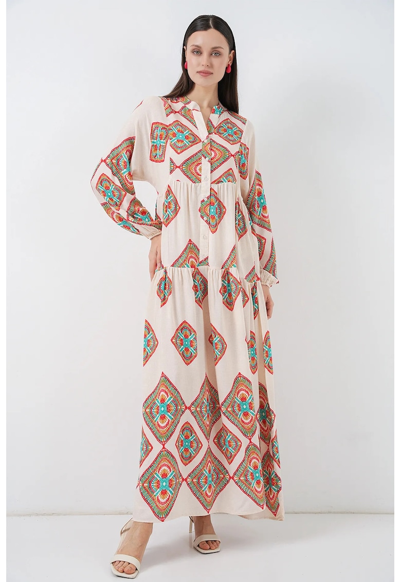 Rochie maxi decolteu in V - inchidere cu nasturi - bej - textil