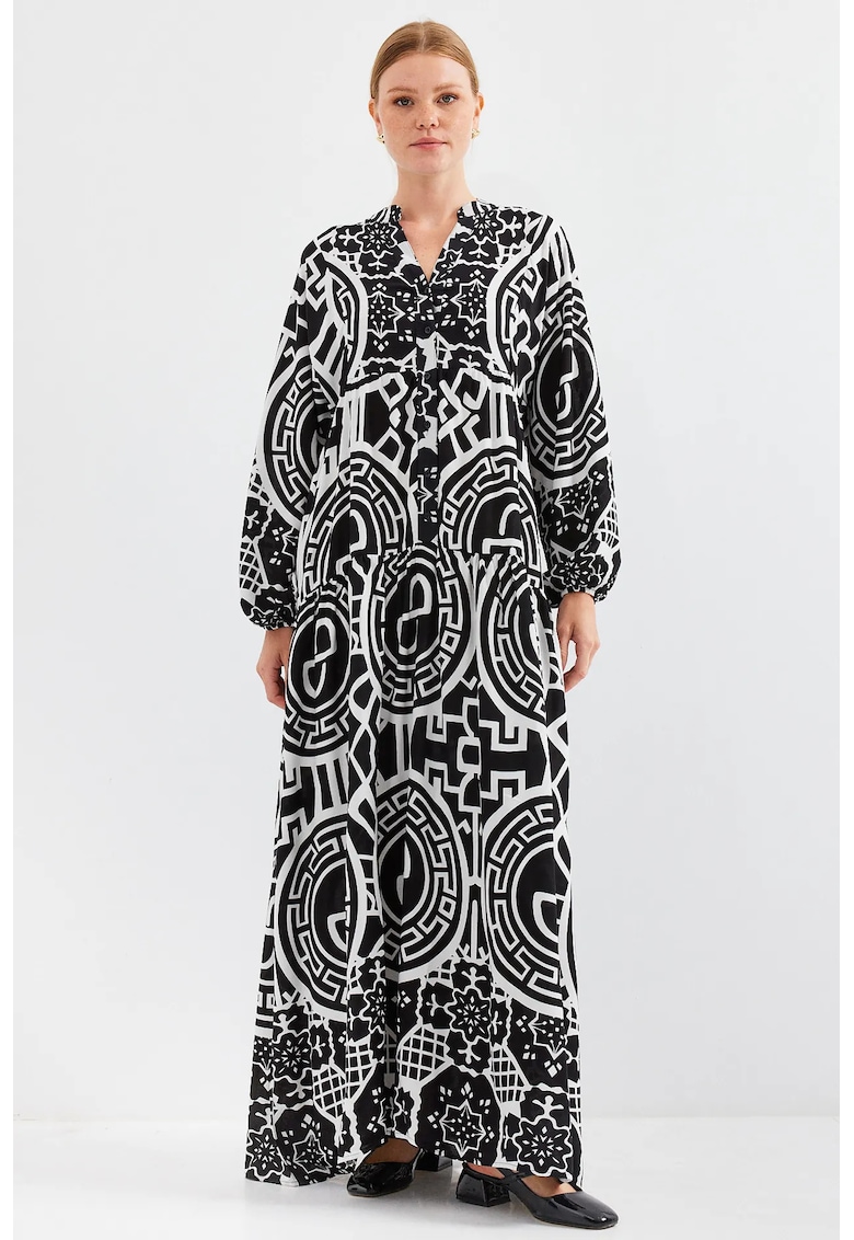 Rochie maxi decolteu in V - negru/alb - textil