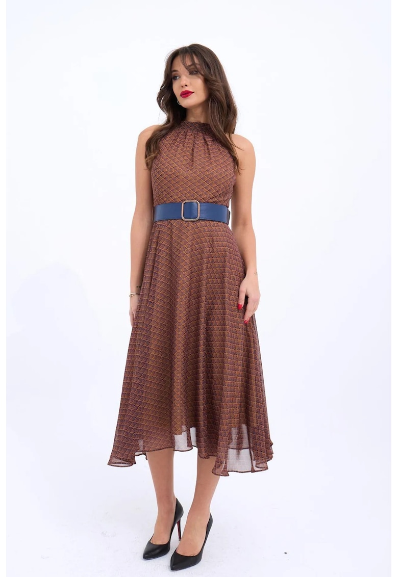 Rochie midi cu guler halter - maro - bumbac