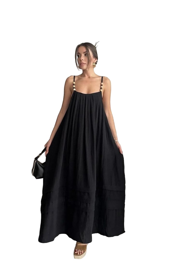 Rochie Maxi - Guler Patrat - Negru - Bumbac-Poliester-Elastan