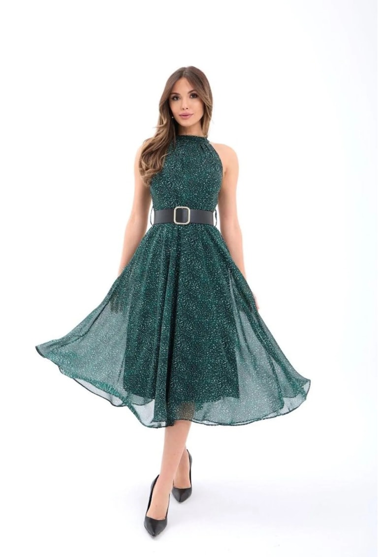 Rochie midi - guler halter - verde - bumbac
