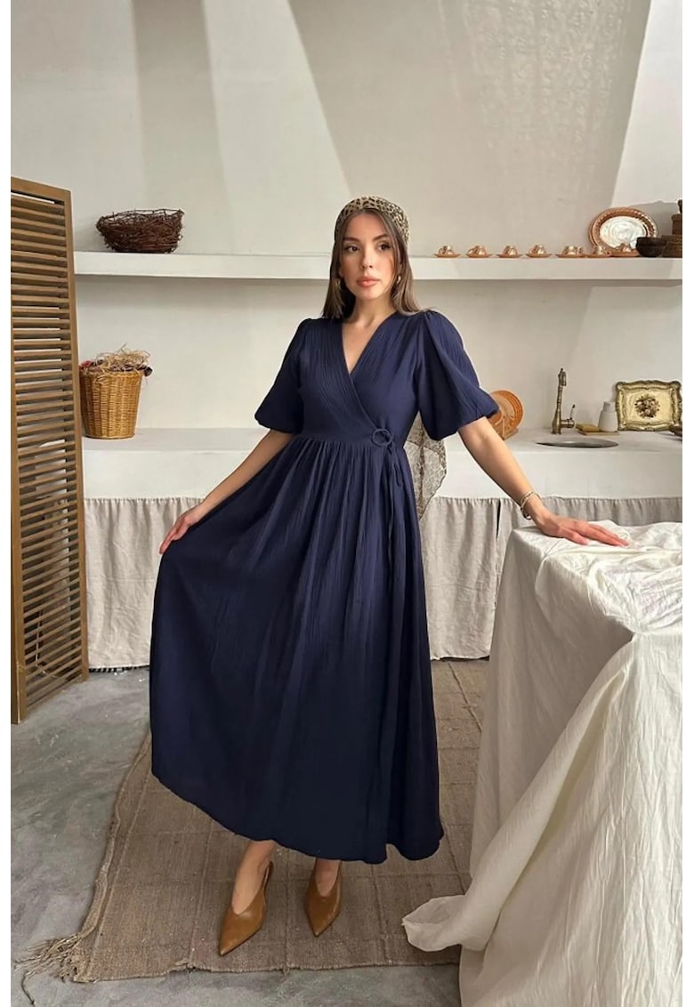 Rochie Midi Albastru Marin - bumbac - cordon