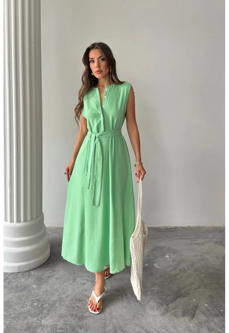 Rochie midi - decolteu in V - verde - bumbac