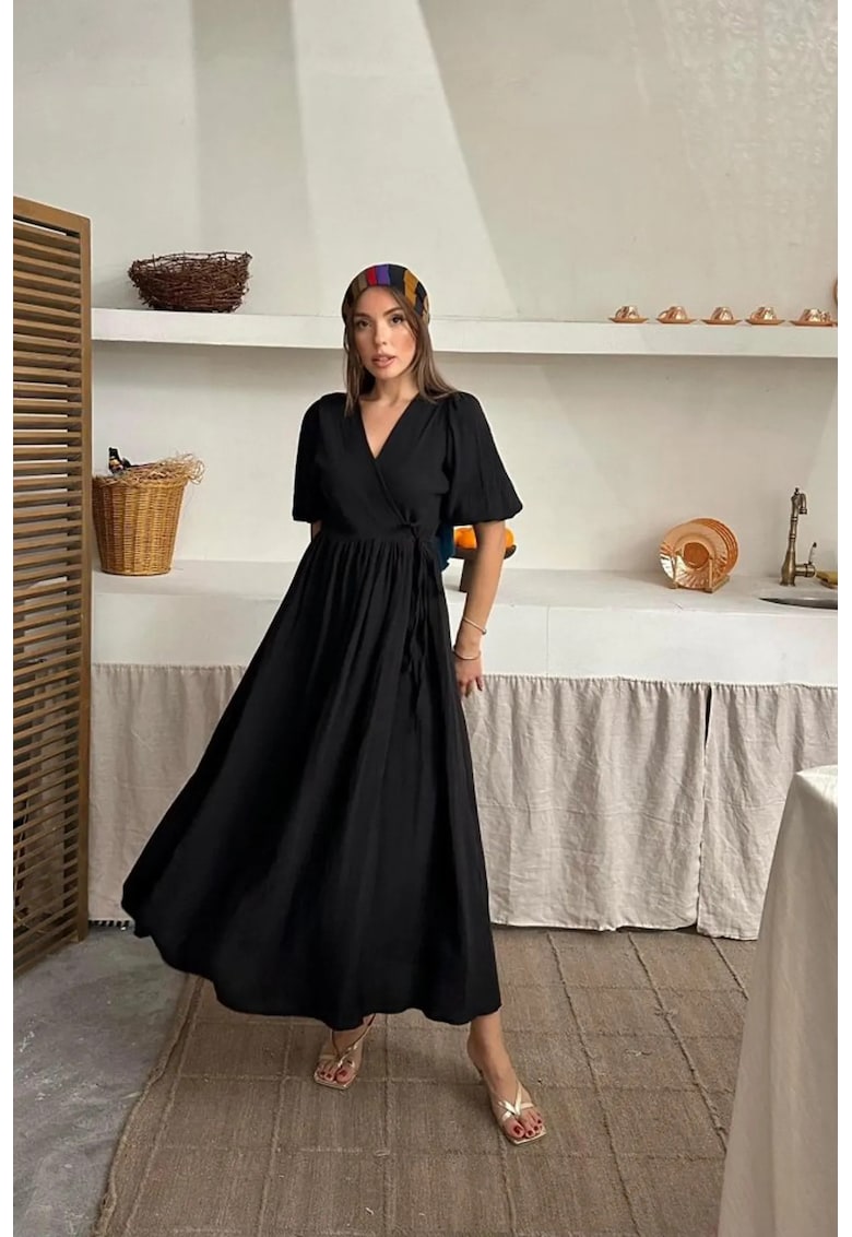 Rochie Midi - cu centura - Negru - Bumbac