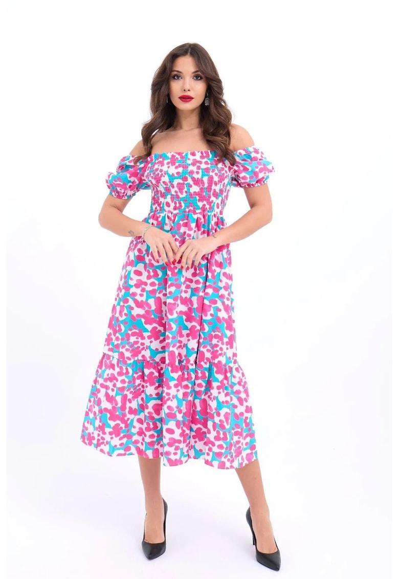 Rochie midi A-line cu volane - guler patrat - multicolor - textil