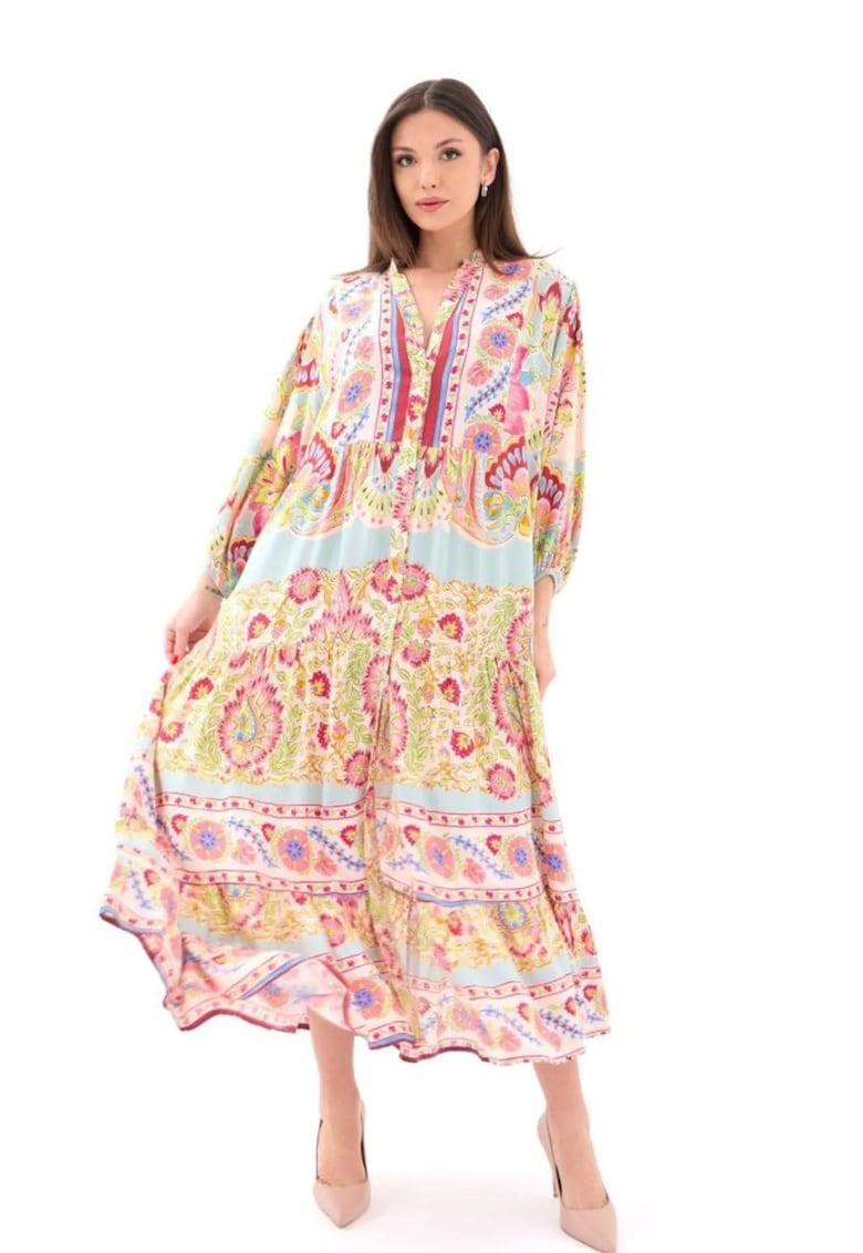 Rochie midi - lejera - decolteu in V - multicolor - textil